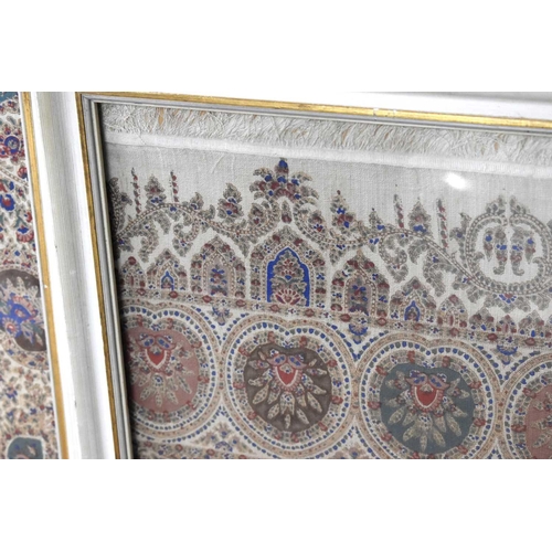 210 - A pair of finely woven 19th century North Indian part silk and cashmere panels, the cream ground wit... 