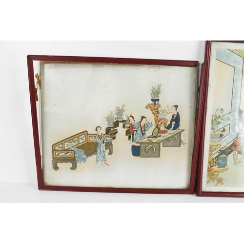 220 - Two Chinese hand painted silk pictures, depicting interior domestic scenes, 24 by 29cm.