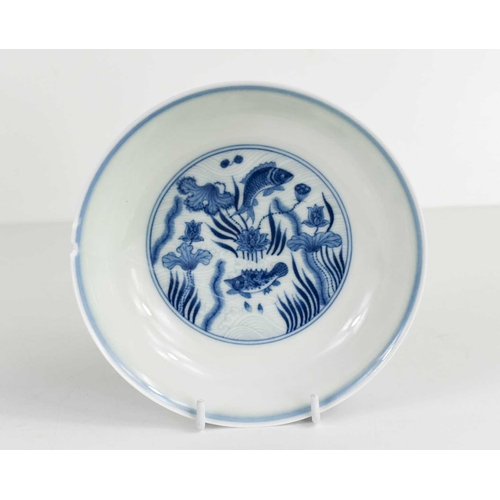 25 - A Chinese blue and white dish, painted with fish against a wave ground, with waterlilies, in undergl... 