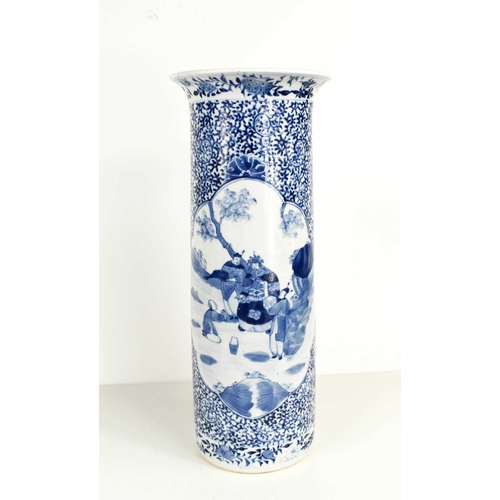 26 - A Chinese blue and white vase, of cylindrical tapered form, depicting Emperor being worshipped withi... 