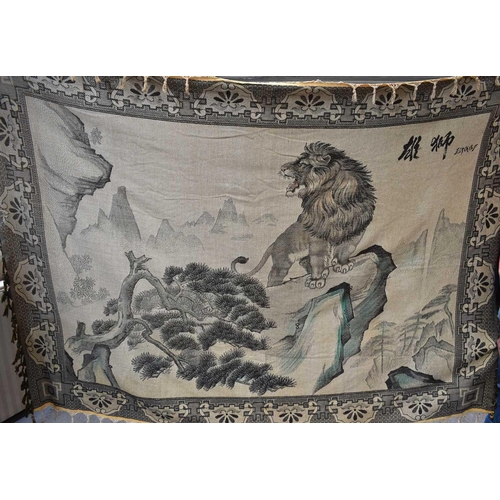 276 - A Chinese wall hanging, depicting mountain lion upon a rock.