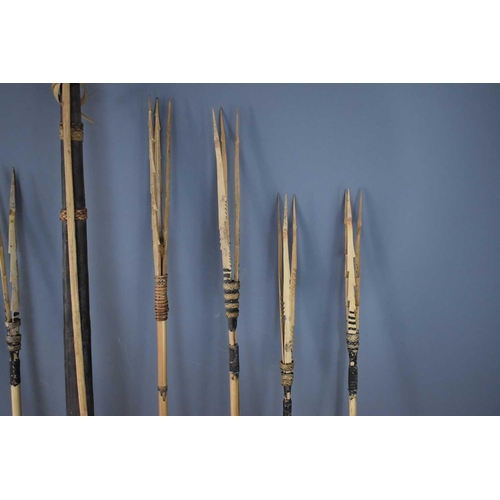 312 - A bamboo bow and set of seven arrows for fishing, three pronged arrow heads, possibly Papua New Guin... 