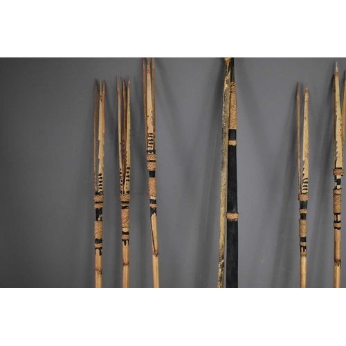 393 - A bamboo bow and set of five arrows for fishing, three pronged arrow heads, possibly Papua New Guine... 