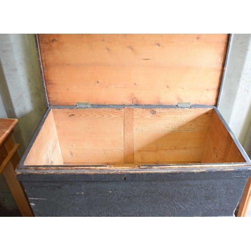 441 - An antique wood and brass bound chest together with a painted pine trunk.