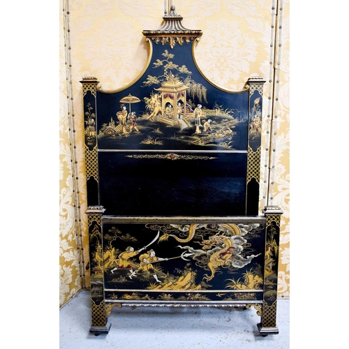 451 - A fine Chinese single bed, the head board decorated with figures and foliage, and a pagoda in rich g... 