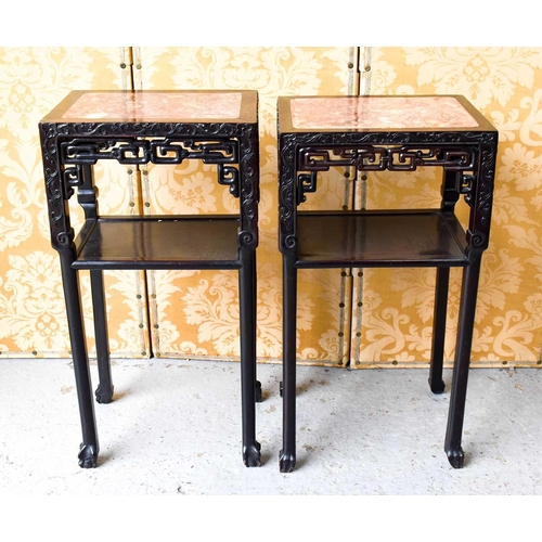 452 - Two similar Chinese hardwood carved jardiniere stands, with square marble inset tops, pierced and ca... 