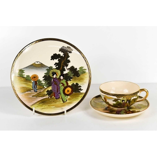 46 - A Qing Dynasty Japanese trio; cup, saucer and cake plate, decorated with figures in landscape with M... 