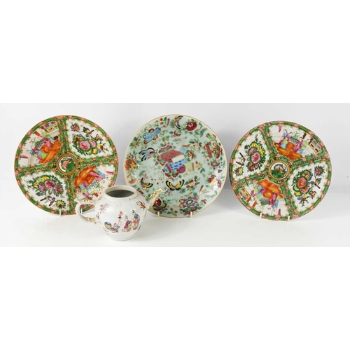 49 - Three Chinese Famille Rose pattern plates circa 1880, together with a 19th century Chinese teapot (l... 