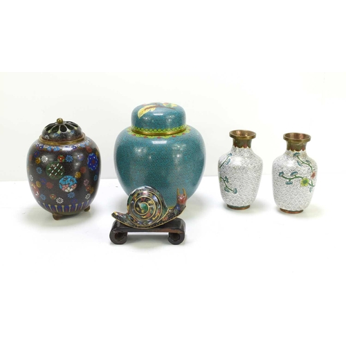 58 - A group of cloisonne wares, comprising a turquoise ginger jar and cover, 14.5cm high, a smaller blac... 