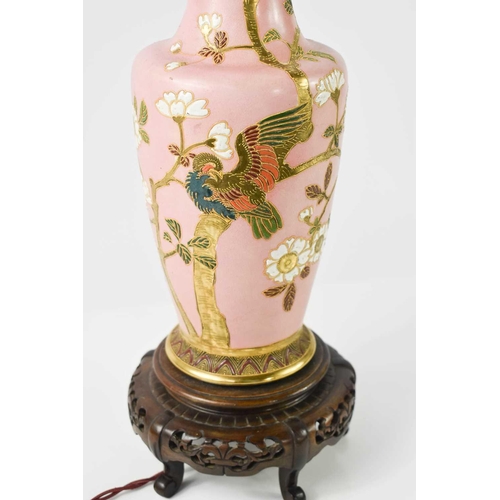 75 - A Chinese vase form lamp base circa 1930, decorated with enamel and gilding to depict bird amidst bl... 