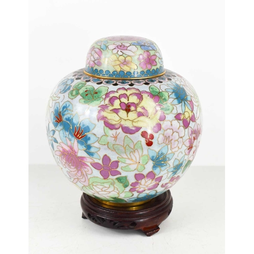 9 - A Cloisonne ginger jar and stand, with floral and foliate decoration on a pale blue ground, 22cm hig... 