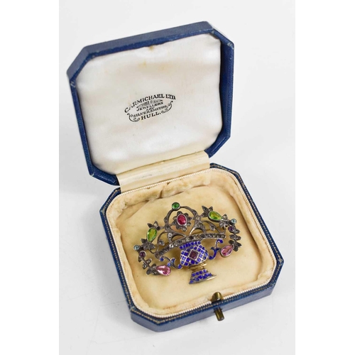 1 - A 19th century 800 silver, enamel and semi precious stone brooch in the form of a basket of flowers,... 