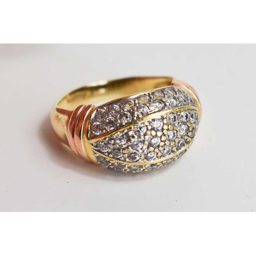 112 - A 14ct gold and white stone dress ring of bombe form, with banded shoulders, size N, 6.76g.