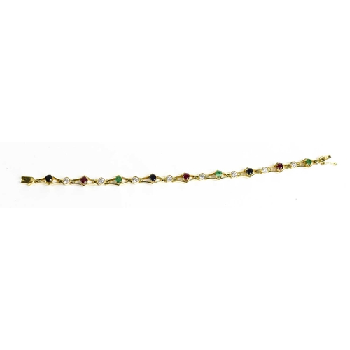 165 - A 14ct gold, sapphire, ruby and emerald bracelet, each different coloured gem interspersed with whit... 