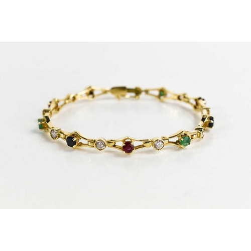 165 - A 14ct gold, sapphire, ruby and emerald bracelet, each different coloured gem interspersed with whit... 