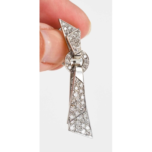 171 - A pair of 18ct white gold and diamond encrusted modernist design drop earrings, the folded ribbon ef... 