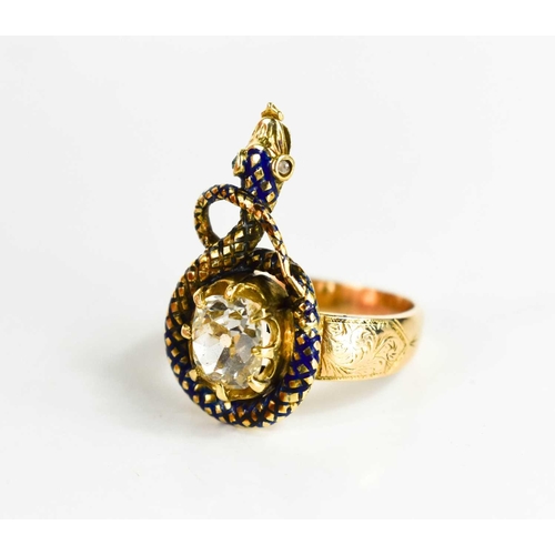 185 - An early 19th century 18ct gold, enamel and diamond snake form ring, the snake coils round with blue... 