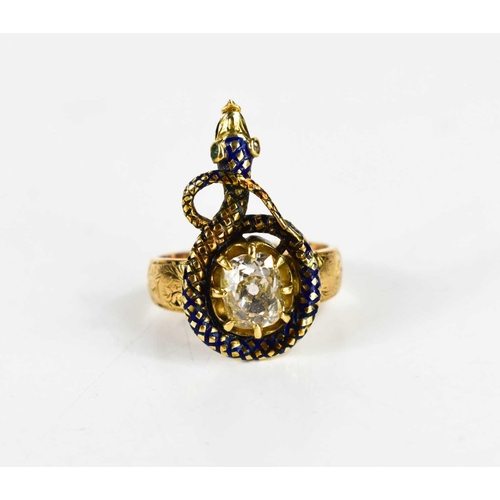 185 - An early 19th century 18ct gold, enamel and diamond snake form ring, the snake coils round with blue... 