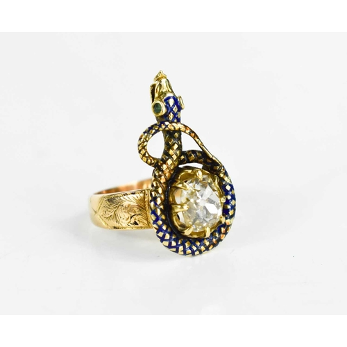 185 - An early 19th century 18ct gold, enamel and diamond snake form ring, the snake coils round with blue... 