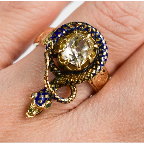 185 - An early 19th century 18ct gold, enamel and diamond snake form ring, the snake coils round with blue... 