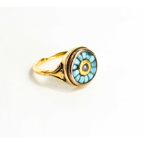 2 - A Georgian 18ct gold, seed pearl and turquoise ring, size S, 5.6g.