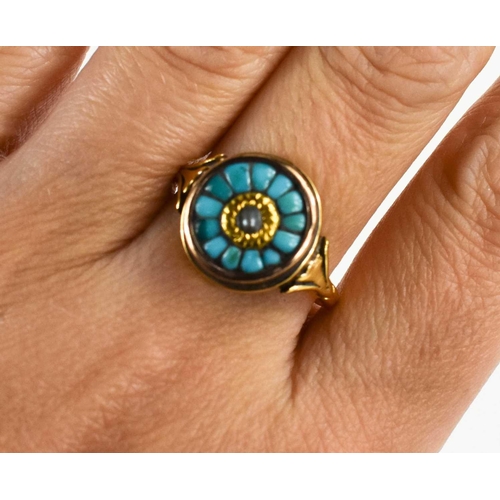 2 - A Georgian 18ct gold, seed pearl and turquoise ring, size S, 5.6g.