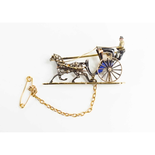 22 - A charming 19th century diamond gold, platinum and enamel brooch, in the form of coach and horse, th... 