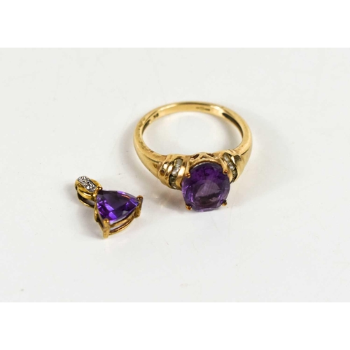 249 - A 9ct gold amethyst and paste dress ring, size O, 3.2g, together with a 9ct gold amethyst and diamon... 