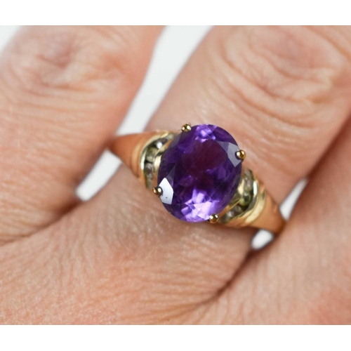 249 - A 9ct gold amethyst and paste dress ring, size O, 3.2g, together with a 9ct gold amethyst and diamon... 