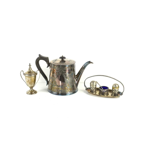 272 - A small silver twin handled trophy, hallmarked for London 1908, 2.5toz, together with a silver plate... 