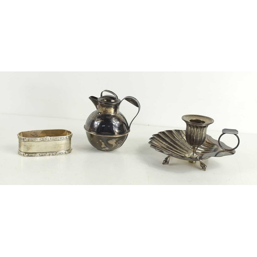 297 - A silver chamber stick, with a scallop form base, London 1891, a 1/4 pint silver jug in the Dutch st... 