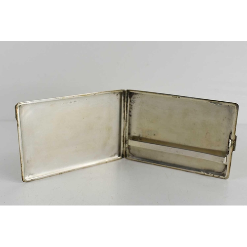 303 - A silver cigarette case, the engine turned front engraved with a map of West Germany and monogram en... 