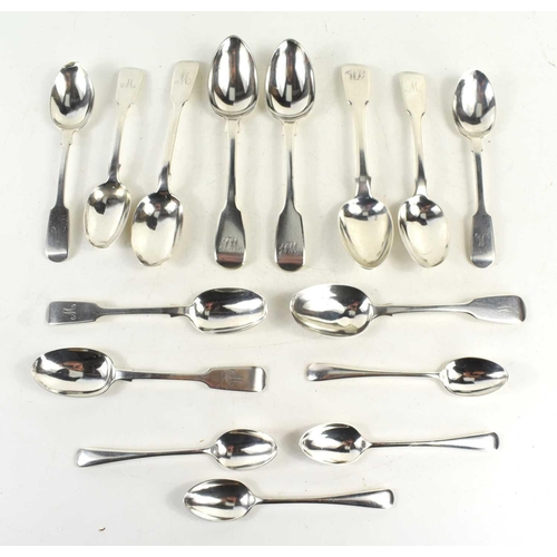 315 - A group of eleven silver teaspoons, Georgian and later, fiddle pattern to include examples by Thomas... 