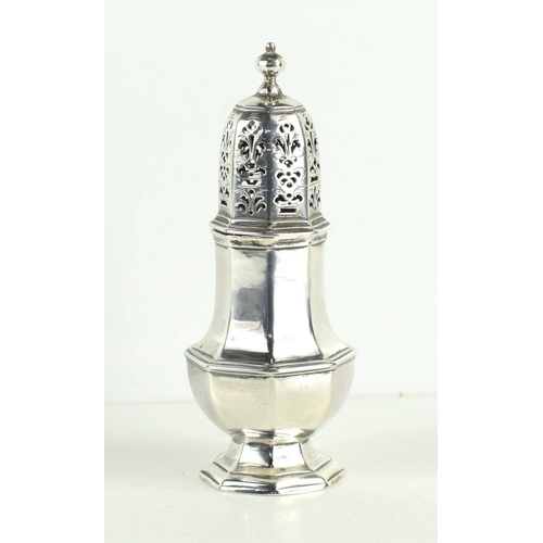 322 - A George I silver sugar caster, octagonal baluster body on pedestal foot, pierced decoration lid wit... 