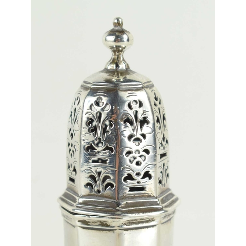 322 - A George I silver sugar caster, octagonal baluster body on pedestal foot, pierced decoration lid wit... 