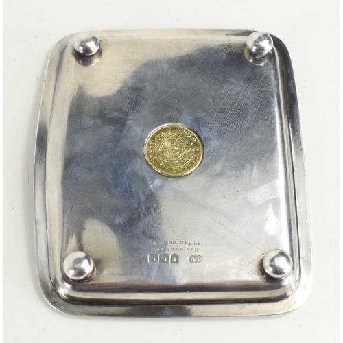 332 - A small silver tray set with a gold South African 1 Pond coin dated 1894, the top of the tray engrav... 