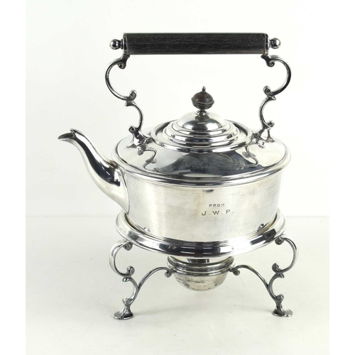 334 - A Victorian silver kettle on stand with burner, the kettle and stand hallmarked for London, 1900, Go... 