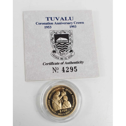 350 - A 14ct gold Tuvalu Coronation Anniversary $100 Crown, numbered 4295, complete with original certific... 