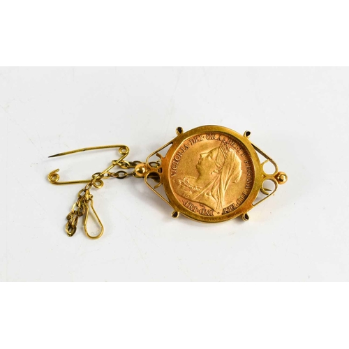 351 - An 1899 Victoria veiled head half sovereign, in 9ct gold brooch mount, total weight 6.55g.