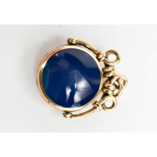 38 - A 9ct gold swivel fob, set with bloodstone and lapis, 10.8g.