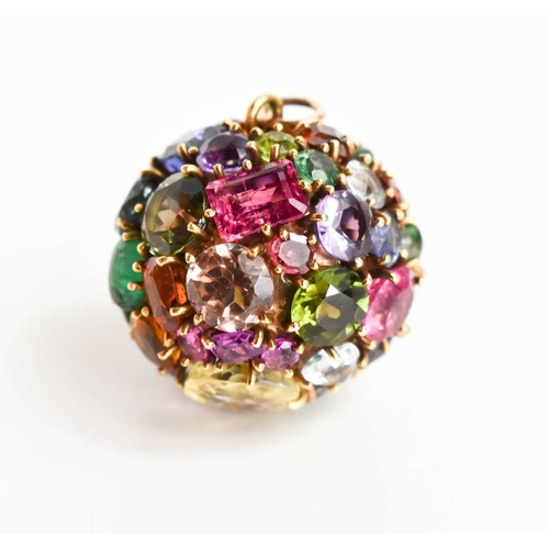 4 - A large and impressive multi-gem set ball pendant, the numerous cut stones including sapphires, rubi... 