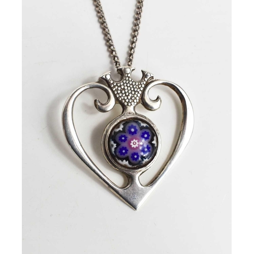 41 - A Caithness silver and millefiori glass cabochon set pendant necklace, in the form of a heart with t... 