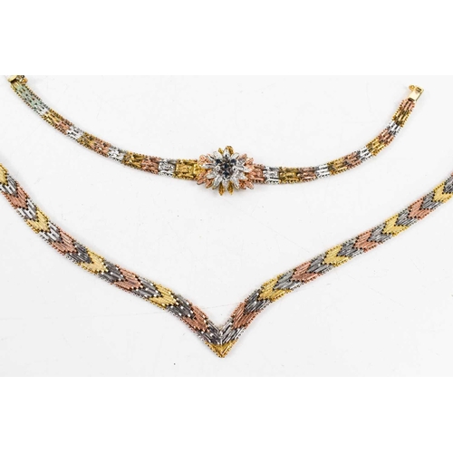 42 - A tri-colour herringbone necklace marked 9 Italy, together with similar bracelet marked 925, the flo... 