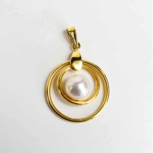 68 - An 18ct gold and pearl double hoop pendant, unmarked but testing as at least 18ct, 3.53g, pendant le... 