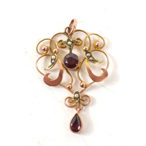 90 - A pretty Art Nouveau period 9ct rose gold, seed pearl and amethyst set pendant, 2.3g, together with ... 