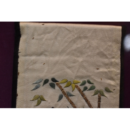 214 - A pair of 19th century Chinese silk panels, of long flared form, likely sash ends, each intricately ... 