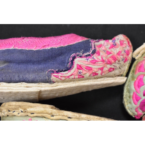 187 - Four pairs of Chinese late 19th / early 20th century Qing Dynasty hand embroidered lotus shoes, of v... 