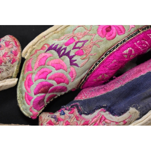 187 - Four pairs of Chinese late 19th / early 20th century Qing Dynasty hand embroidered lotus shoes, of v... 