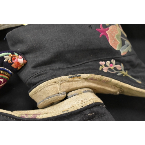 187 - Four pairs of Chinese late 19th / early 20th century Qing Dynasty hand embroidered lotus shoes, of v... 