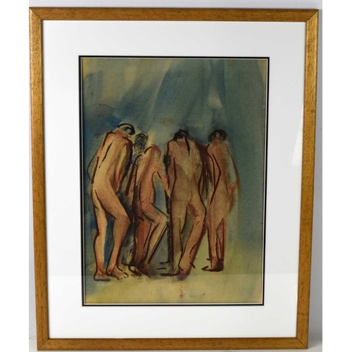 118 - Mary Stork (1938-2007): four figures standing, sanguine drawing with wash, signed in pencil bottom r... 